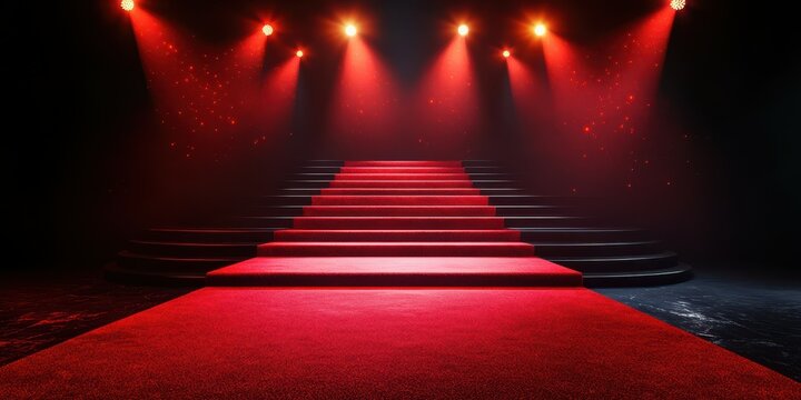 Elegant red carpet entrance with spotlight illumination in a dark venue, inviting guests to a prestigious event or ceremony - Powered by Adobe