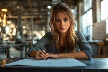 A young woman with long hair sits at a table in a workshop, sketching on a piece of paper.