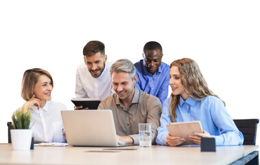 Five business professionals using laptop on desk discussing strategy company on a transparent...