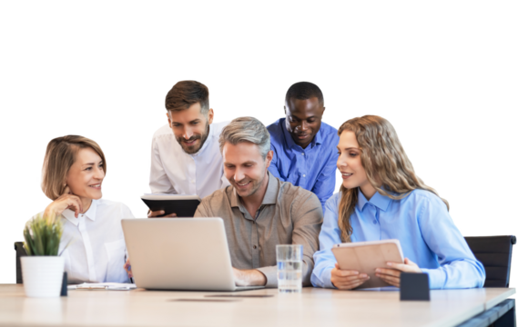 Five business professionals using laptop on desk discussing strategy company on a transparent background - Powered by Adobe