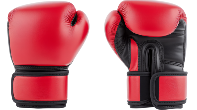 Red boxing gloves on transparent background, front and back view