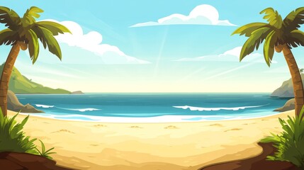 Calm Tropical Beach Scene with Palm Trees and Blue Ocean Waves