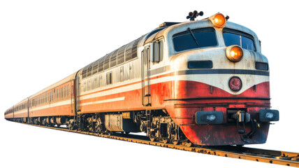 Fototapeta premium Old red and white train moving on railroad tracks with transparent background