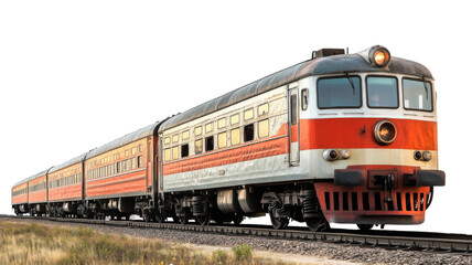 Naklejka premium Old red and grey diesel train moving on railroad with transparent background