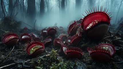 Naklejka premium A mist-filled glade is home to towering Venus flytraps, their crimson mouths lined with sharp spikes, gleaming in the dim light