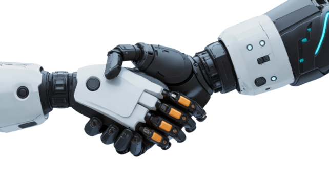 Two robot arms shaking hands on transparent background