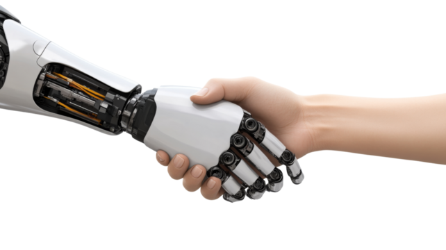 Businessman shaking hands with a robot on transparent background