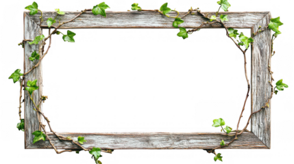 Rustic wooden picture frame adorned with ivy vines, creating natural and charming display. Perfect for showcasing cherished memories in cozy setting