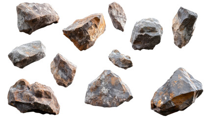 Ten floating rocks isolated on transparent background