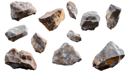 Ten floating rocks isolated on transparent background