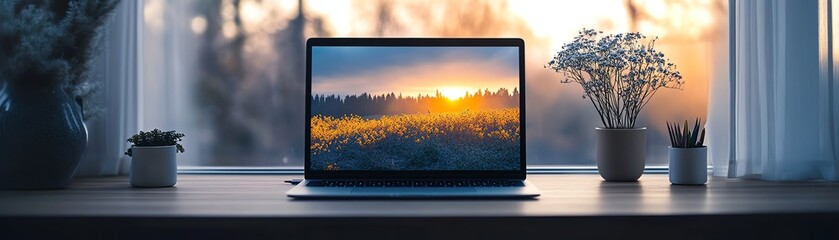 Laptop on a desk with sunset view outside.