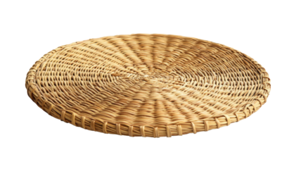 Round wicker placemat woven with natural fibers on transparent background