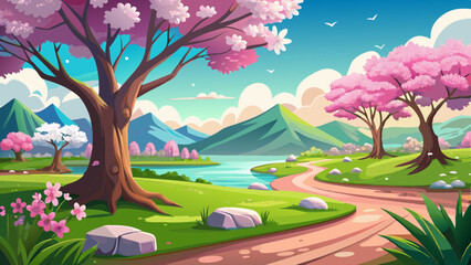 Beautiful spring landscape with blossoming trees