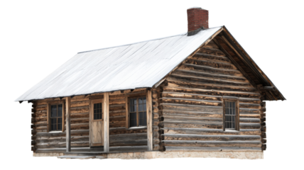 Old log cabin with metal roof and brick chimney on transparent background