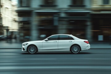 Sleek White Sedan on Urban Street: A Side View of Modern Transport in a Quiet City Setting