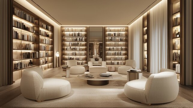 A stylish home library with floating bookshelves, elegant seating, and ambient lighting. --chaos 20 --ar 16:9 --quality 2 --v 6.1 Job ID: 674d1319-f5fd-43af-981b-e5a662c79158
