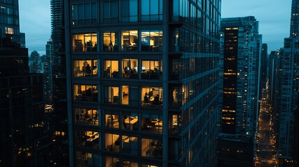 Office Building at Night with City Lights and People Working Late