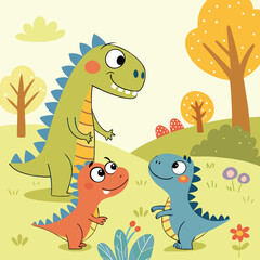 Obraz premium Friendly cartoon dinosaurs in bright colors, perfect for preschool learning