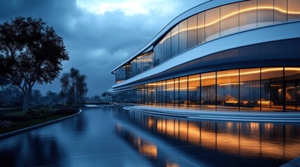 Obraz premium Modern glass building reflecting in water at dusk.