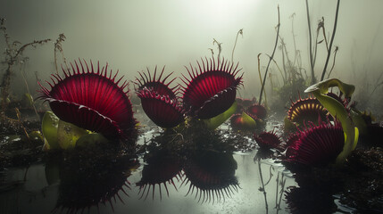 In a mist-enshrouded gothic landscape, Venus flytraps with deep crimson mouths stand poised in a deadly embrace