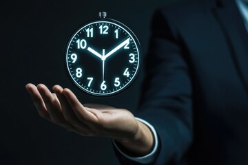 Time Management Concept: Businessman Holding a Clock Icon with Arrow Symbolizing Speed and Efficiency