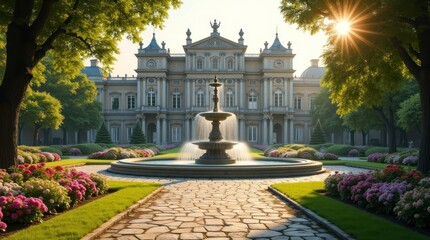 A majestic European palace garden with a large