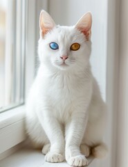 A White Cat with Heterochromia Iridis Sitting on a Windowsill