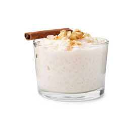 Tasty rice pudding with cinnamon and nuts in glass bowl isolated on white