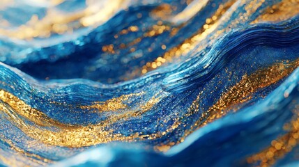 Swirling waves of vibrant blue and gold paint mixing seamlessly on a textured surface