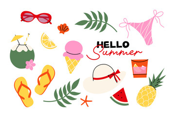 Tropical vacation sticker set. Flat vector illustration of summer elements: ice cream, sunglasses, flip-flops, bikini, tropical drinks, and fruits. Beach holiday, travel, and summer vibes concept