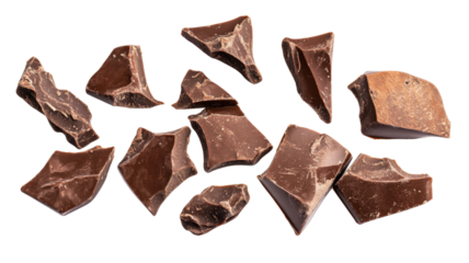 Delicious chocolate chunks falling on transparent background