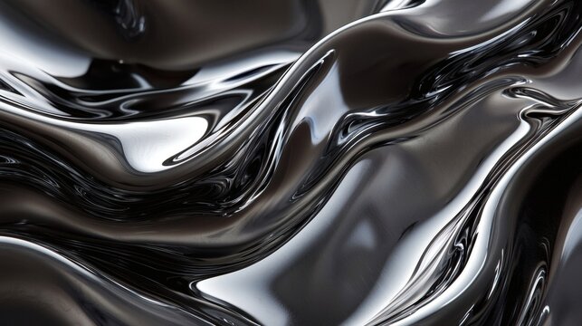 Glossy black and metallic silver liquid forming smooth, wavy structures