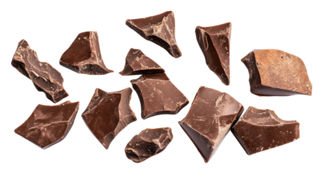 Delicious chocolate chunks falling on transparent background
