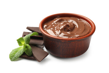Tasty pudding with mint and pieces of chocolate isolated on white