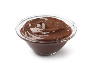 Delicious chocolate mousse in glass bowl isolated on white