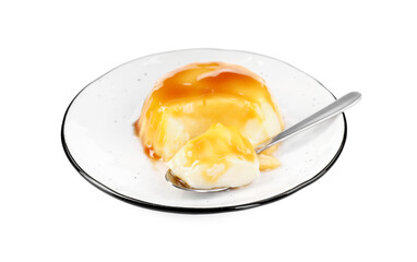 Delicious pudding with caramel sauce isolated on white