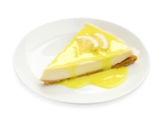 Piece of delicious cheesecake with lemon curd isolated on white