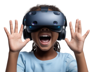child wearing VR headset with excited expression, hands raised in joy. immersive experience brings happiness and wonder to their face