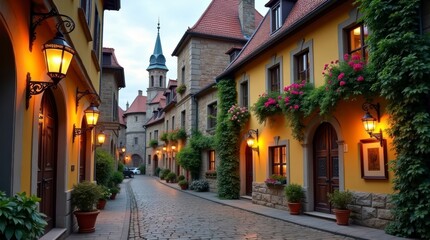 Obraz premium A quaint, centuries-old European town square, bathed in the soft, golden glow of sunset, with intricately carved