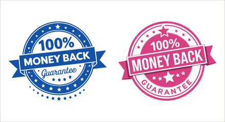 Obraz premium 100% money back guaranteed stamp badge vector design. Circular money back guaranteed badge vector. 100% money back guaranteed vector badge with ribbon and stars. Certified money back guaranteed badge