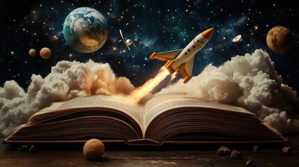 Rocket launching from open book into space.