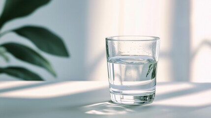 A glass of water with ice cubes sits on a white table.