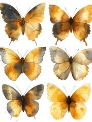Obraz premium A set of six beautifully painted butterflies showcasing delicate wings and bodies in watercolor washes of yellow, orange, brown and grey on white paper