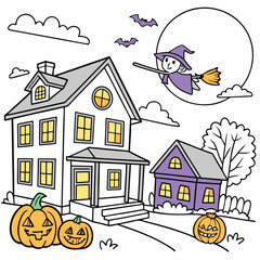 Halloween coloring page with houses, pumpkins, and a witch, suitable for kids. For best results, print on 8.5 x 11 inch paper at 300 dpi