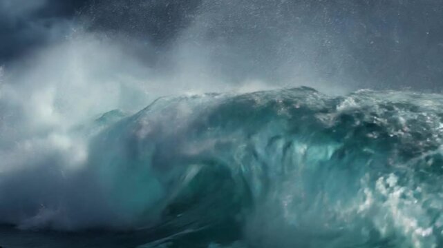 A close-up of the rolling huge waves of the sea in high definition, presenting a stunning and shocking scene in the video.