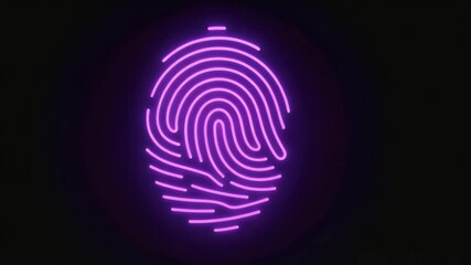 A vibrant neon purple fingerprint design illuminated against a dark background, symbolizing identity and security in a modern context.