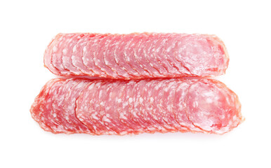 Slices of tasty smoked sausage on white background