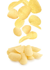 Tasty potato chips falling on white background
