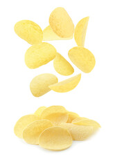 Tasty potato chips falling on white background