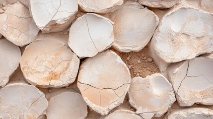 A close-up view of a wall made of large, irregularly shaped, light-colored stones.